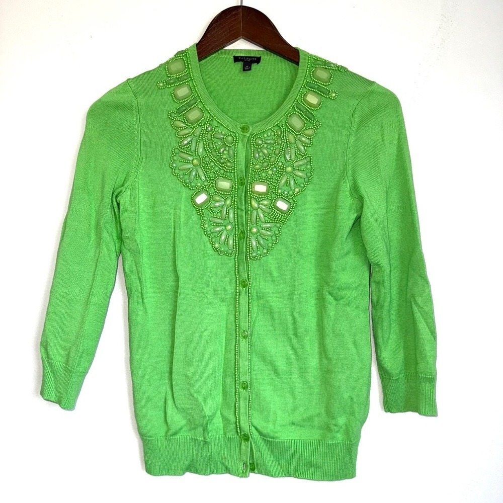 TALBOTS Womens Small Petite Bright Green Gem Beaded 3/4 Sleeve Cardigan Sweater